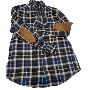 Orvis  Blue Plaid Flannel Shirt brown elbow patches men’s sz Large chest pockets